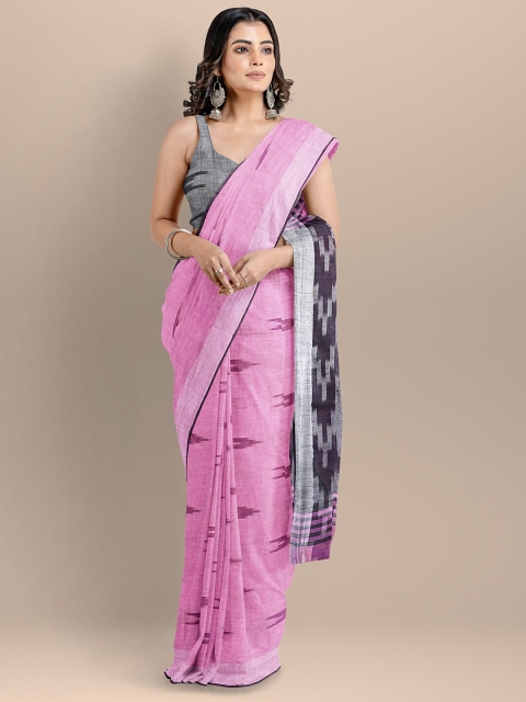 

BharatSthali Pink & Black Pure Cotton Woven Design Ikat Handloom Saree