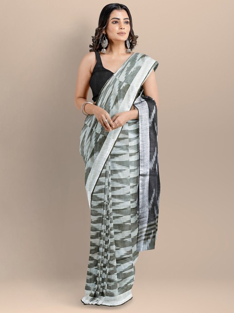 

BharatSthali Grey & Black Pure Cotton Woven Design Ikat Handloom Saree