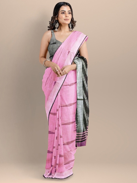 

BharatSthali Pink & Grey Pure Cotton Woven Design Ikat Handloom Saree