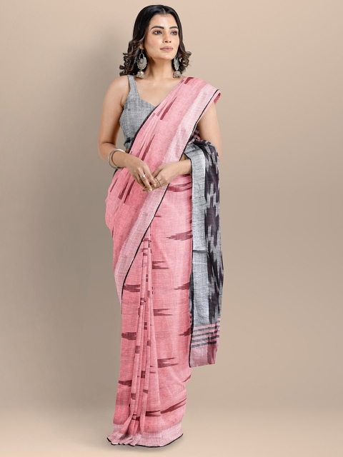 

BharatSthali Peach-Coloured & Black Pure Cotton Woven Design Ikat Handloom Saree