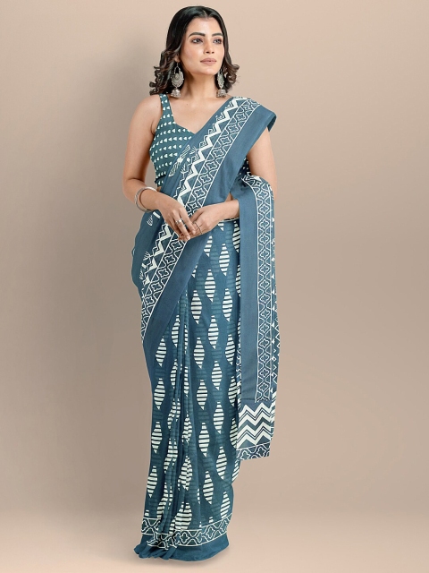

BharatSthali Women Blue & White Pure Cotton Printed Handloom Saree