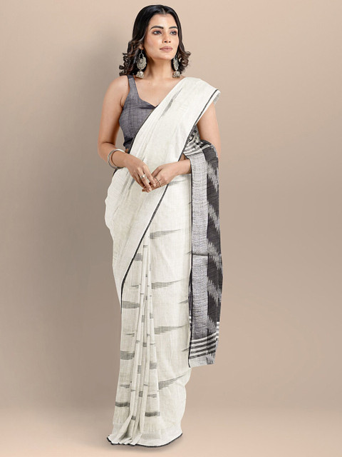 

BharatSthali White & Black Pure Cotton Woven Designed Ikat Handloom Saree