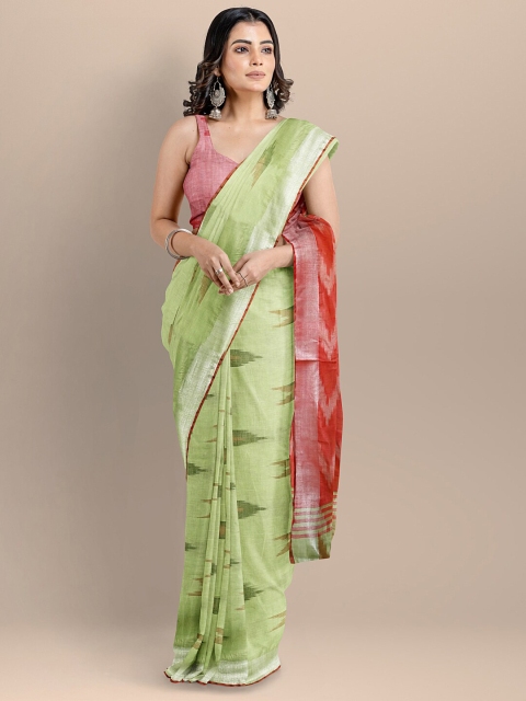 

BharatSthali Green & Red Pure Cotton Woven Designed Ikat Handloom Saree