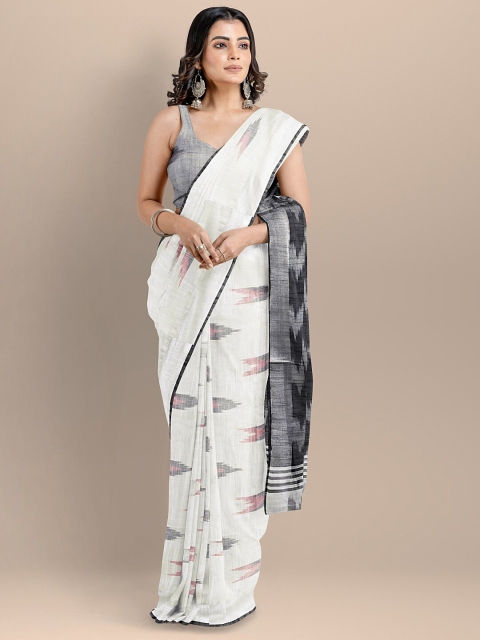

BharatSthali White & Black Pure Cotton Woven Designed Ikat Handloom Saree