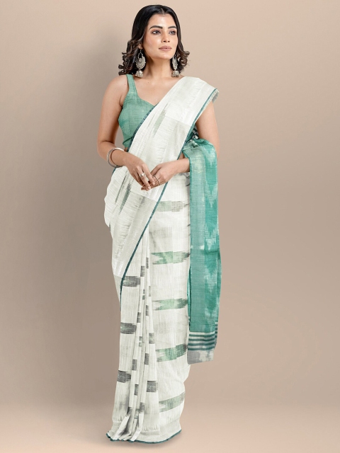 

BharatSthali White & Green Pure Cotton Woven Design Ikat Handloom Saree