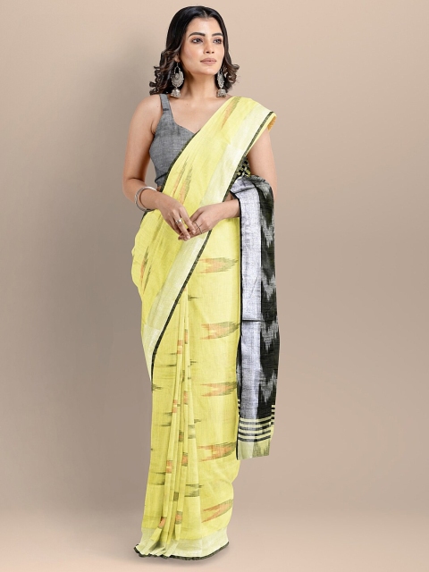 

BharatSthali Yellow & Black Pure Cotton Woven Designed Ikat Handloom Saree