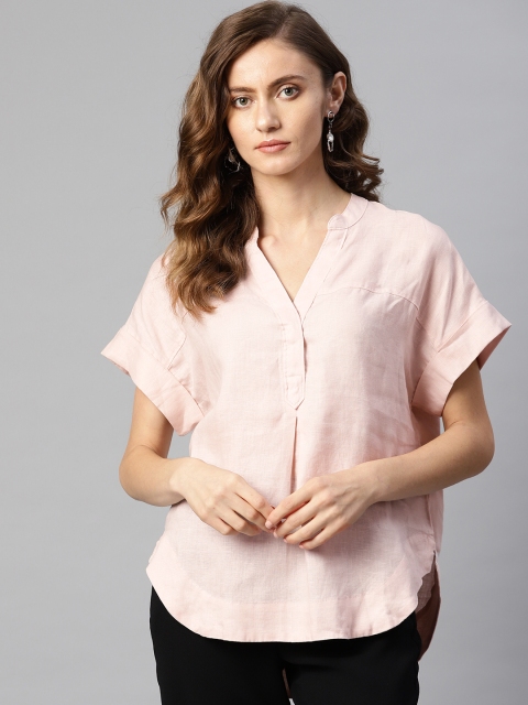 

Marks & Spencer Pink Mandarin Collar Extended Sleeves Linen High-Low Top