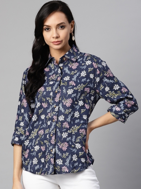 

Marks & Spencer Women Navy Blue & White Linen Floral Opaque Printed Casual Shirt