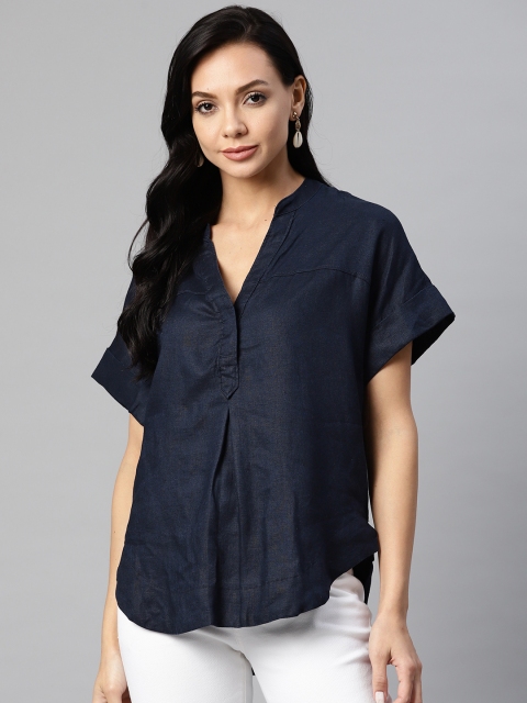 

Marks & Spencer Navy Blue Solid Mandarin Collar Extended Sleeves Linen Shirt Style Top