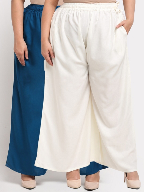 

TAG 7 PLUS Women Set Of 2 Off White & Blue Flared Ethnic Palazzos