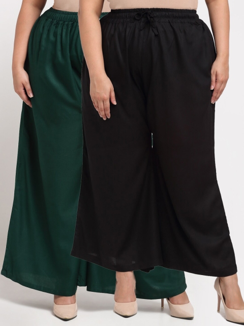 

TAG 7 PLUS Women Set of 2 Black & Green Solid Flared Palazzos