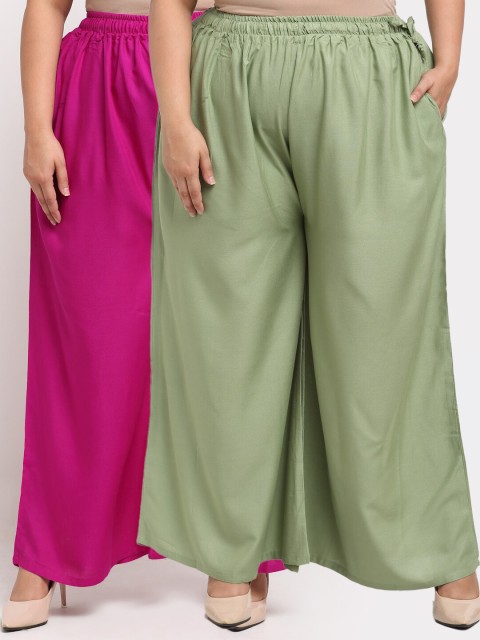 

TAG 7 PLUS Women Set of 2 Magenta & Green Solid Wide Leg Palazzos