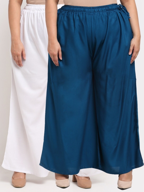 

TAG 7 PLUS Women Pack of 2 White & Teal Blue Ethnic Palazzos