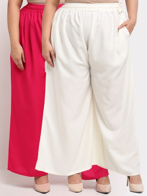 

TAG 7 PLUS Women Pack Of 2 Pink & Off White Solid Flared Palazzo