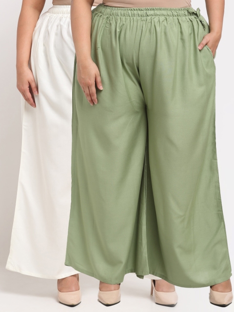 

TAG 7 PLUS Women Pack Of 2 Off White & Green Ethnic Palazzos