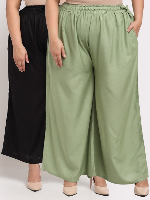 

TAG 7 PLUS Women Pack Of 2 Black & Green Flared Ethnic Palazzos