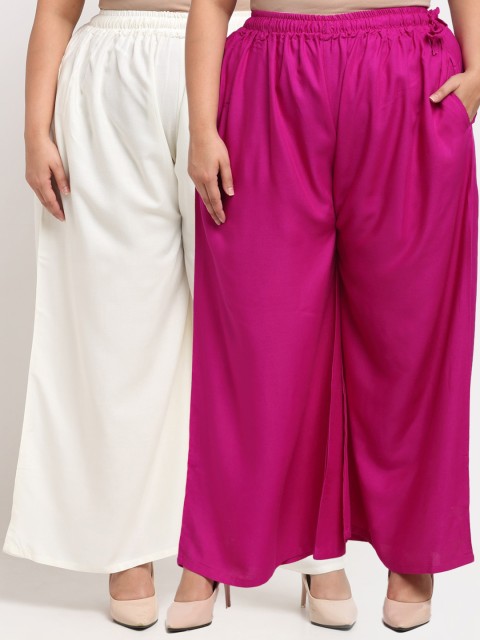 

TAG 7 PLUS Women Pack Of 2 Off White & Pink Flared Ethnic Palazzos
