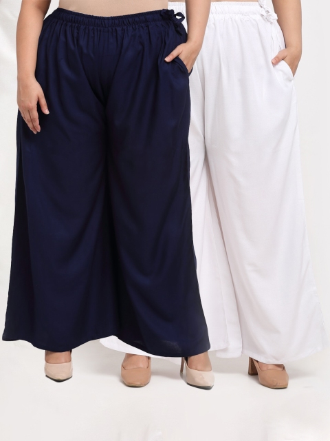 

TAG 7 PLUS Women Pack Of 2 White & Navy Blue Ethnic Palazzos