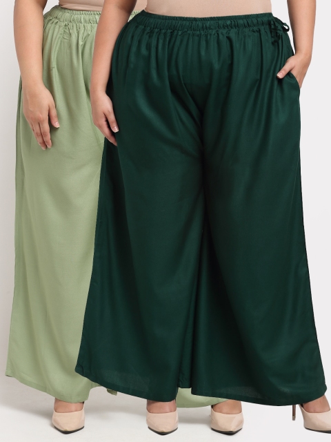 

TAG 7 PLUS Women Pack Of 2 Green Flared Ethnic Palazzos