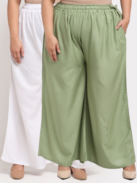 

TAG 7 PLUS Women Pack Of 2 White & Green Flared Ethnic Palazzos