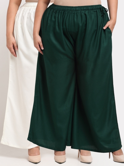 

TAG 7 PLUS Women Pack Of 2 Off White & Green Flared Ethnic Palazzos