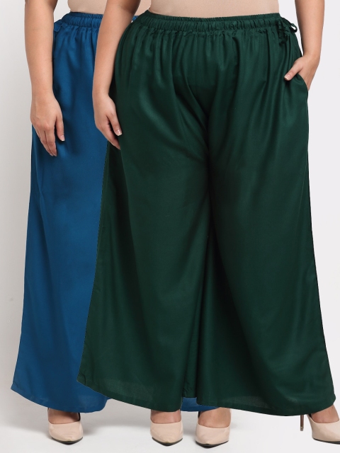

TAG 7 PLUS Women Pack Of 2 Green & Teal Blue Flared Ethnic Palazzos