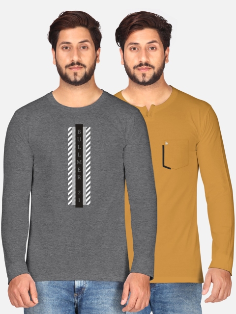 

BULLMER Men Pack of 2 Grey & Mustard Yellow Printed T-shirt
