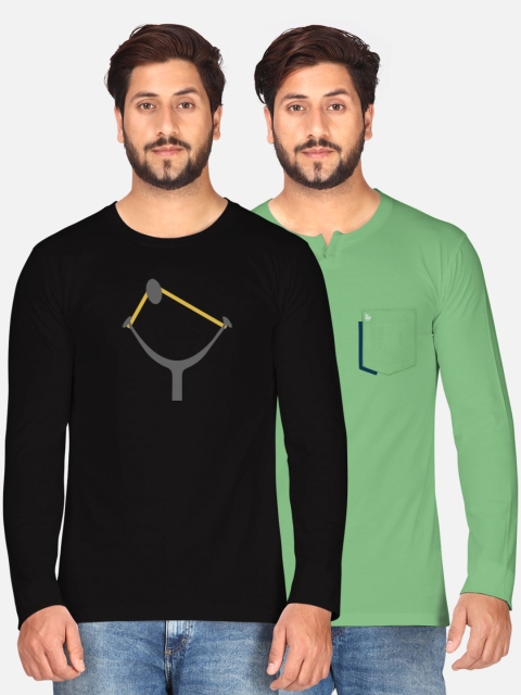 

BULLMER Men Pack of 2 Black & Green Printed T-shirt