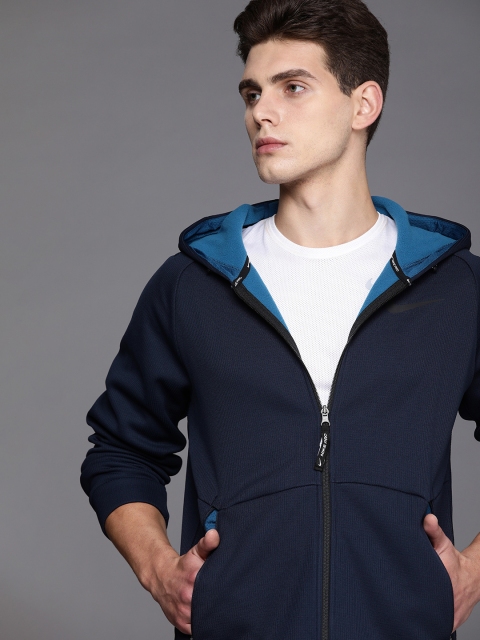 

Nike Men Navy Blue Solid Therma-Fit Open Front Hooded Training Jacket