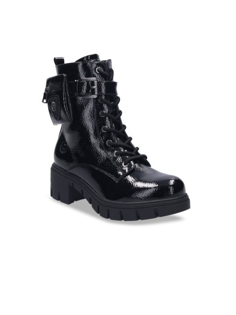 

Bugatti Black Textured Block Heeled Boots with Buckles