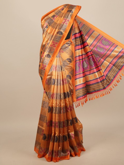 

Pothys Orange & Blue Paisley Printed Saree