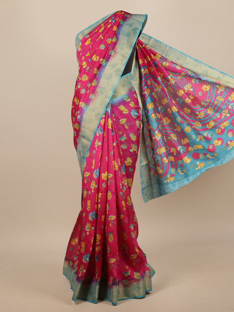 

Pothys Pink & Blue Floral Printed Zari Border Saree