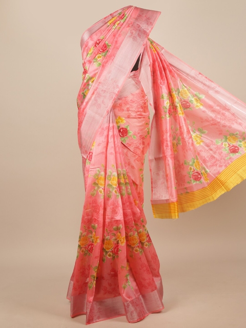 

Pothys Pink & Yellow Floral Printed Zari Border Saree