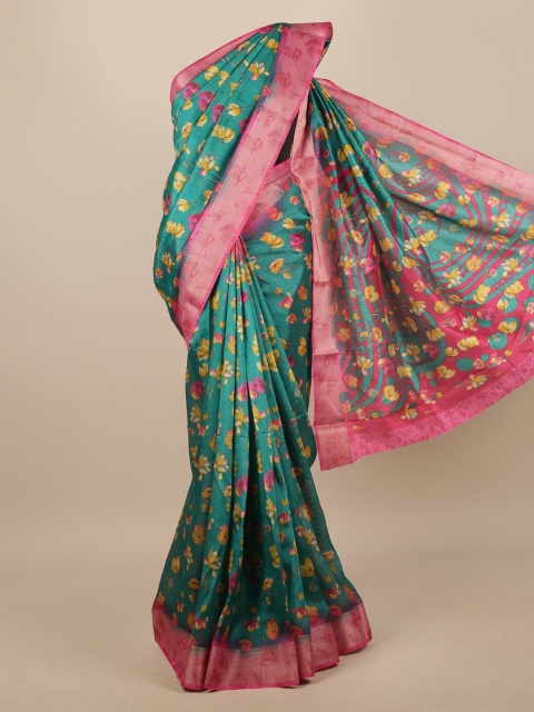 

Pothys Teal & Pink Floral Printed Zari Border Saree