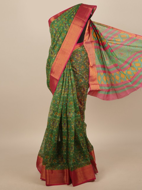 

Pothys Green & Multicoloured Floral Printed Zari Border Saree