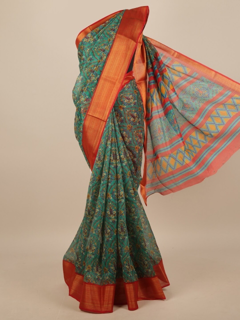 

Pothys Green & Red Floral Printed Zari Border Saree
