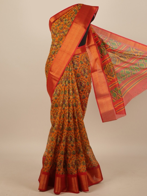 

Pothys Orange & Red Floral Printed Zari Border Saree