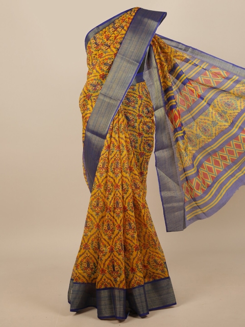 

Pothys Yellow & Blue Floral Printed Zari Border Saree