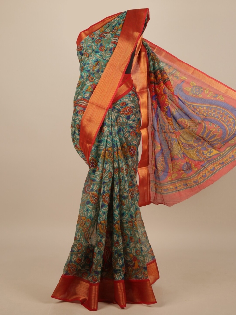 

Pothys Green & Red Floral Printed Zari Border Saree