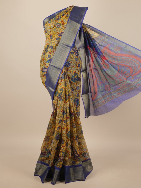 

Pothys Navy Blue & Mustard Floral Printed Zari Border Saree