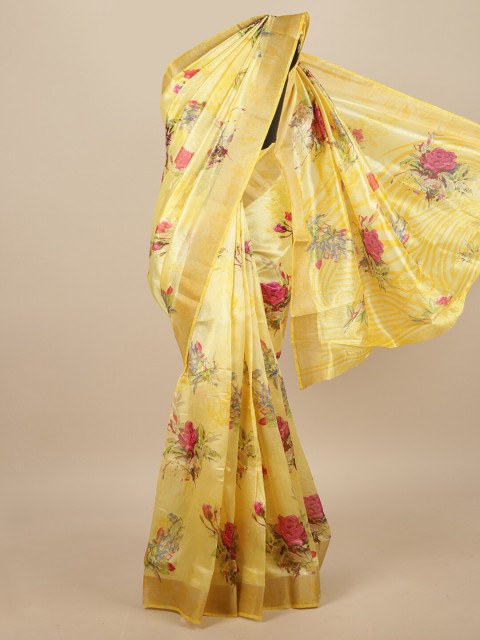

Pothys Yellow & Pink Floral Printed Zari Border Saree