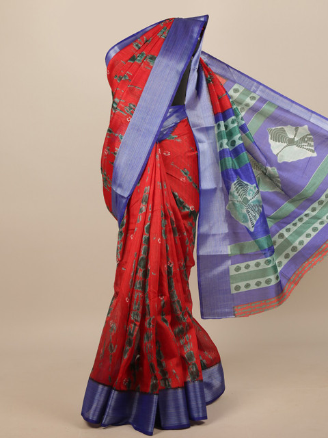 

Pothys Red & Blue Tie and Dye Zari Border Saree