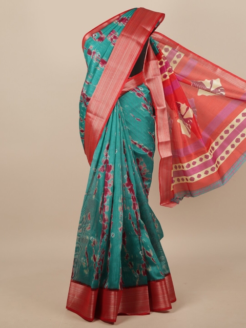 

Pothys Teal & Red Tie and Dye Printed Zari Border Saree