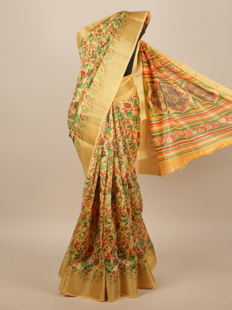 

Pothys Yellow & Multicoloured Floral Printed Zari Border Saree