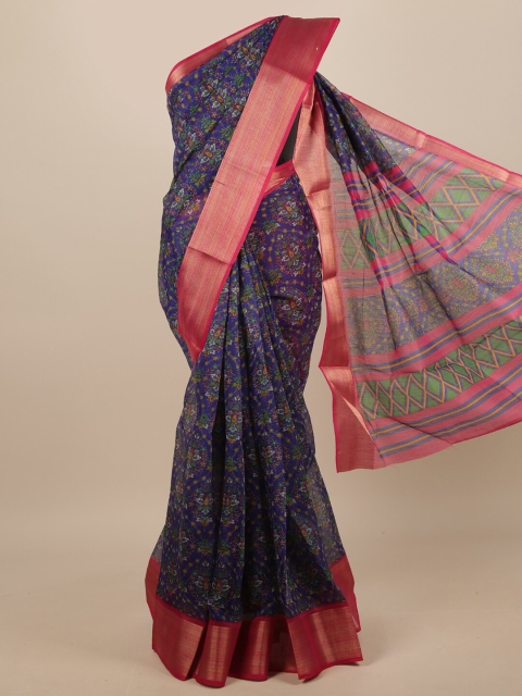 

Pothys Blue & Pink Floral Printed Zari Border Saree
