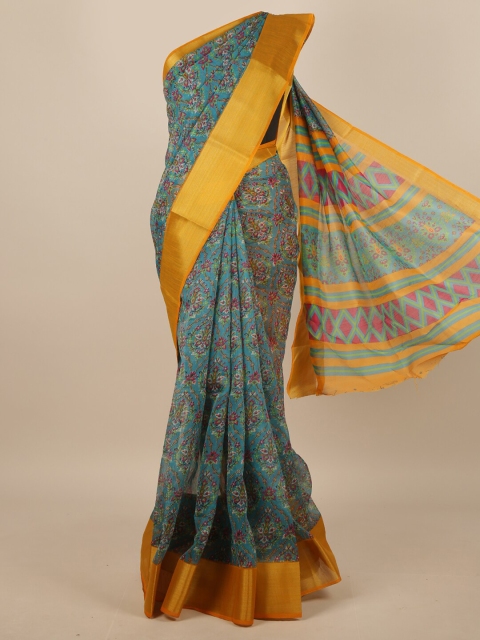 

Pothys Blue & Yellow Floral Printed Zari Border Saree