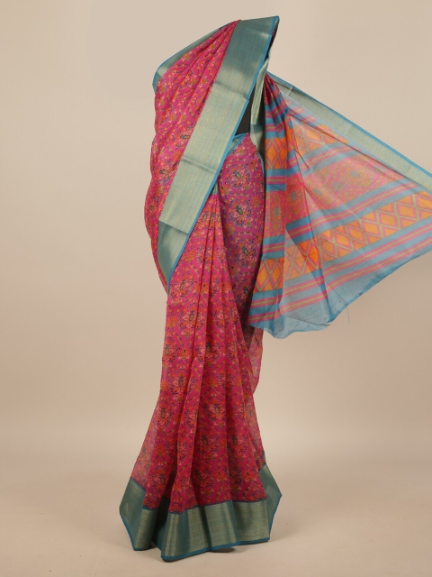 

Pothys Pink & Blue Floral Printed Zari Border Saree