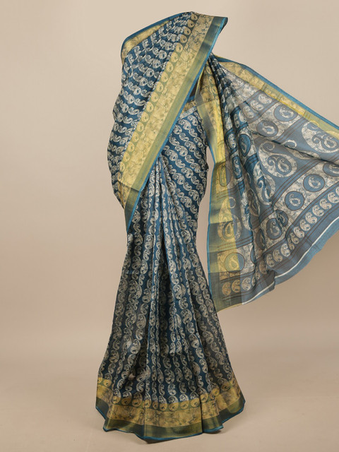 

Pothys Blue & Gold-Toned Ethnic Motifs Zari Saree
