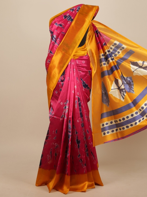 

Pothys Women Pink & Mustard Cotton Blend Tie-Dye Printed Saree