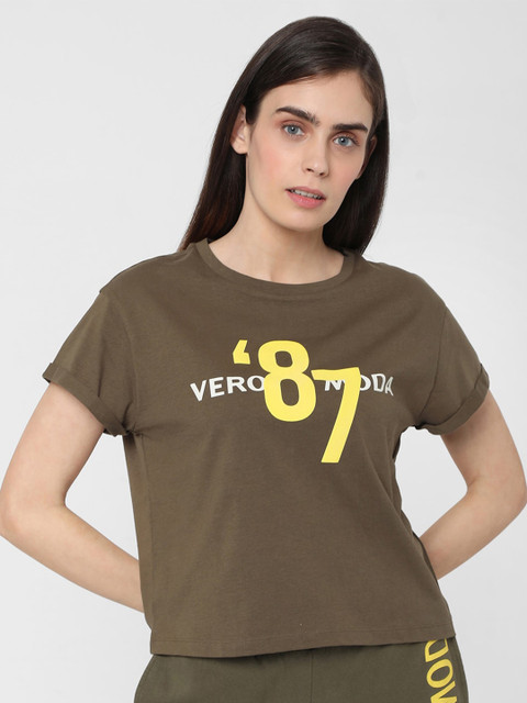 

Vero Moda Women Olive Green Typography Printed Applique T-shirt